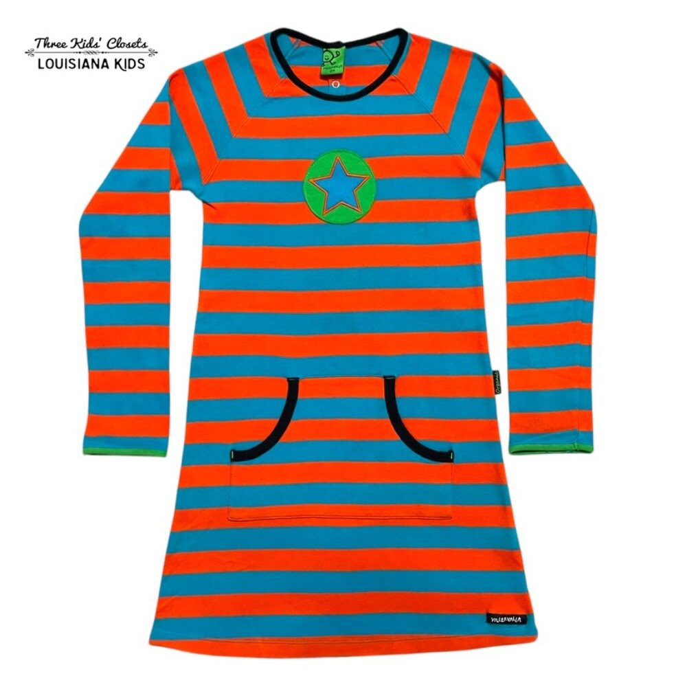 Villervalla Sz 134 (9Y) Organic Orange & Blue Striped Star Appliqué Dress